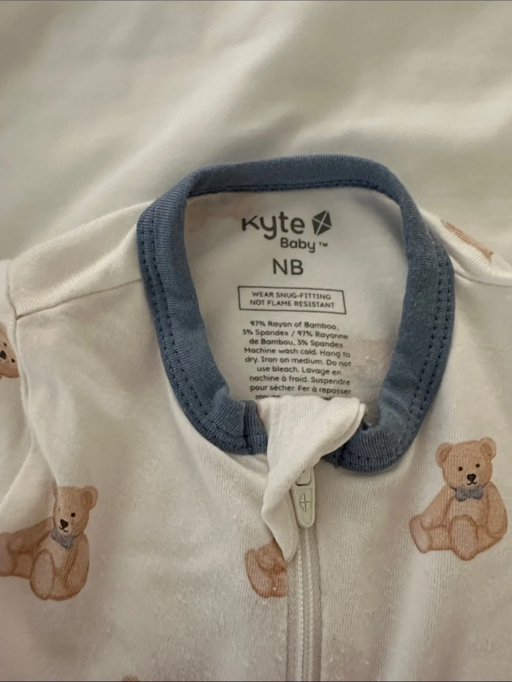 Kyte BABY Cream Teddy-Print Zip Footie with Blue Trim